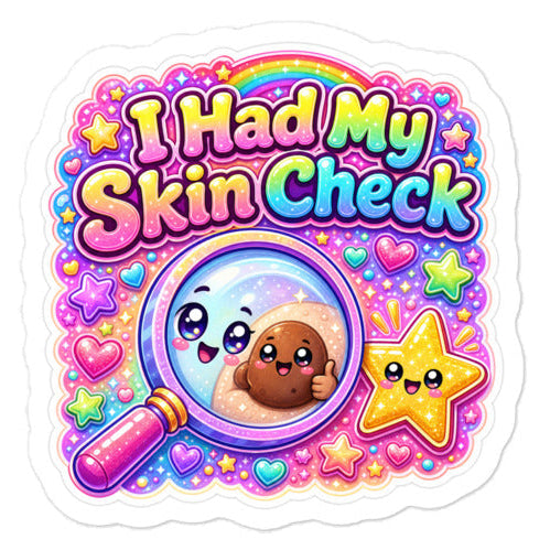 A kiss-cut sticker featuring the text 'I Had My Skin Check' in a colorful bubble font, surrounded by cute cartoon graphics including a magnifying glass, a brown character, a yellow star, and hearts on a white background.